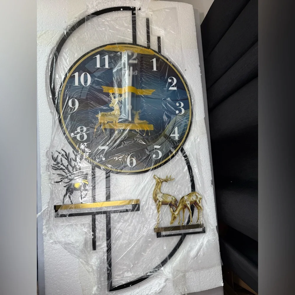 Gold & Blue Pendulums Wall Clock W/Rustic Deer Accents 29 in x 15 in- NIB
